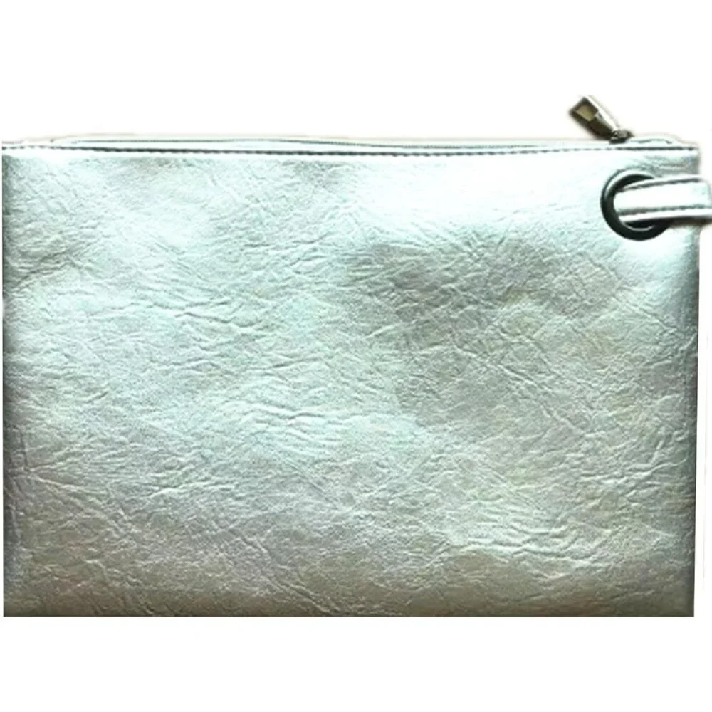 Women's Silver Leather Zipper Trendy Designer Wristlet Elegant Wedding Clutch